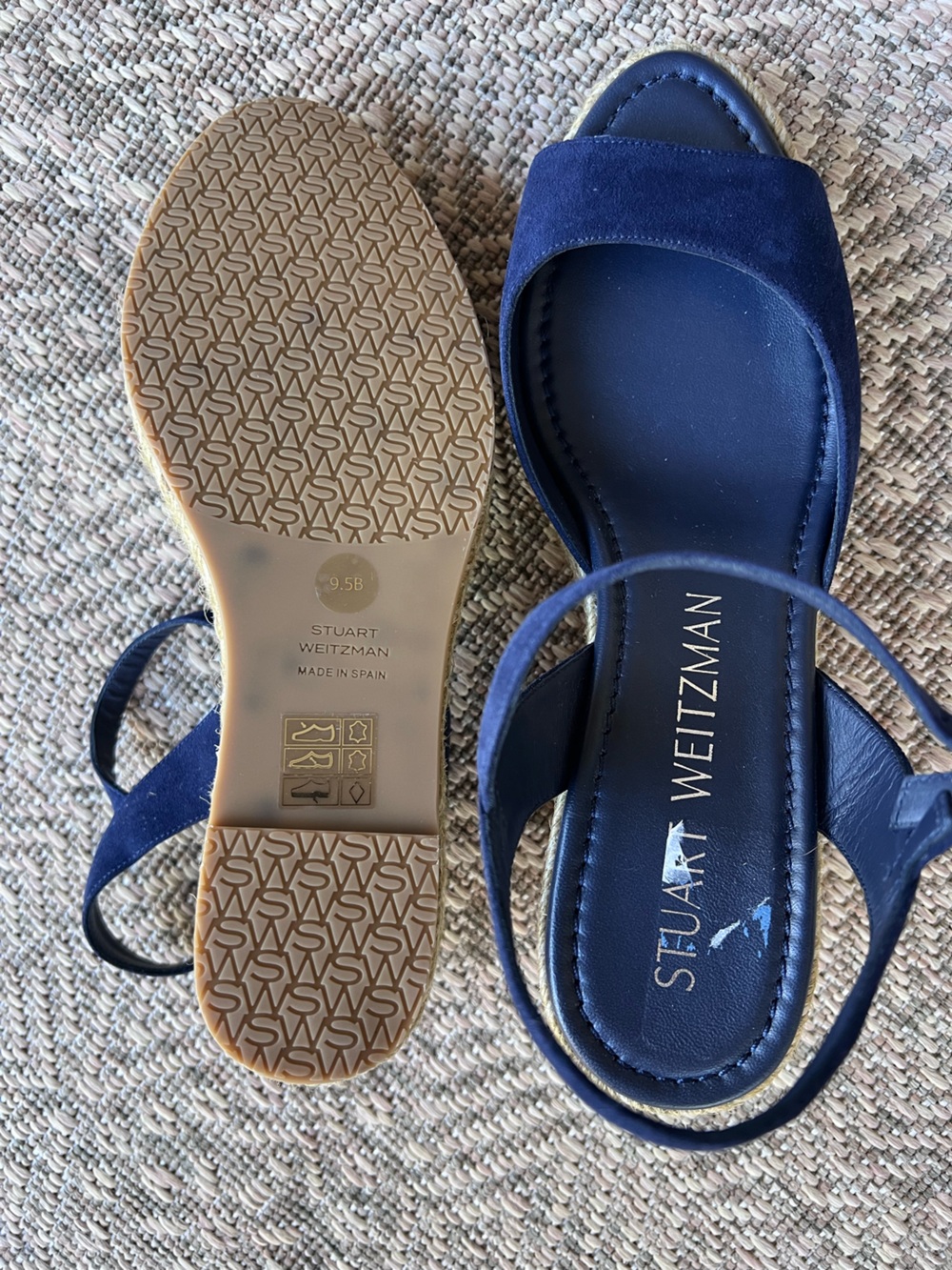 Stuart Weitzman Espadrille Wedge Sandals Navy Blue Slingback Peep Toe 9.5B New - Picture 7 of 7